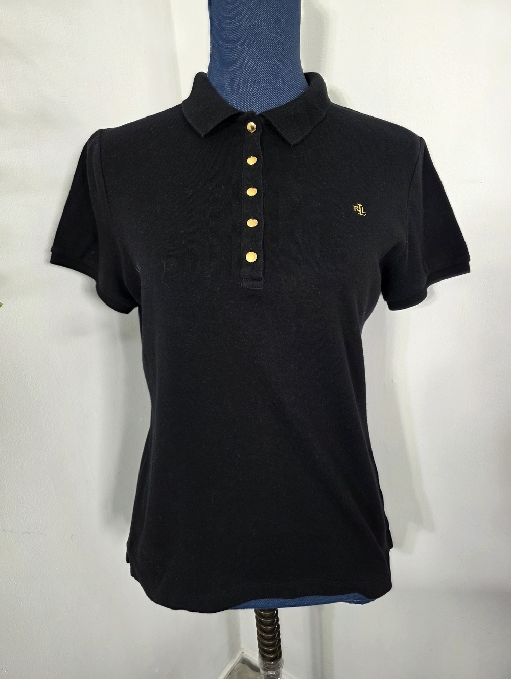 Lauren Ralph Lauren Black Short Sleeve Polo Shirt Gold Hardware Size M